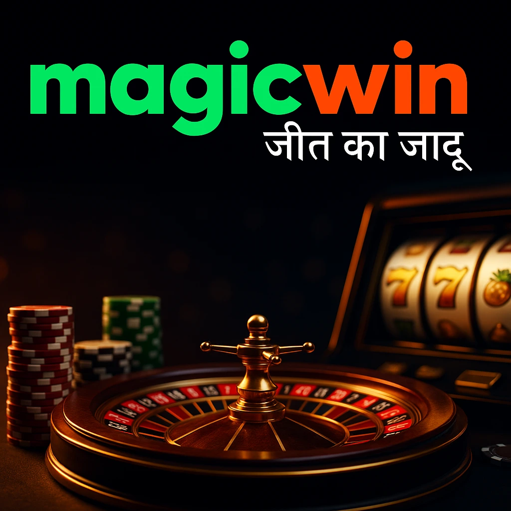 Magic Win casino banner featuring roulette wheel, slot machine reels, and the Magic Win logo with Hindi tagline जीत का जादू