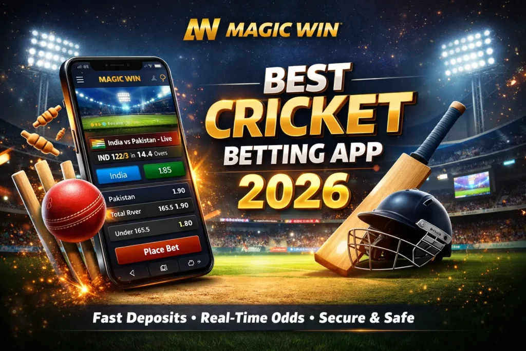 Magic Win best cricket betting app 2026 with live odds, cricket stadium, mobile app screen, and betting interface.