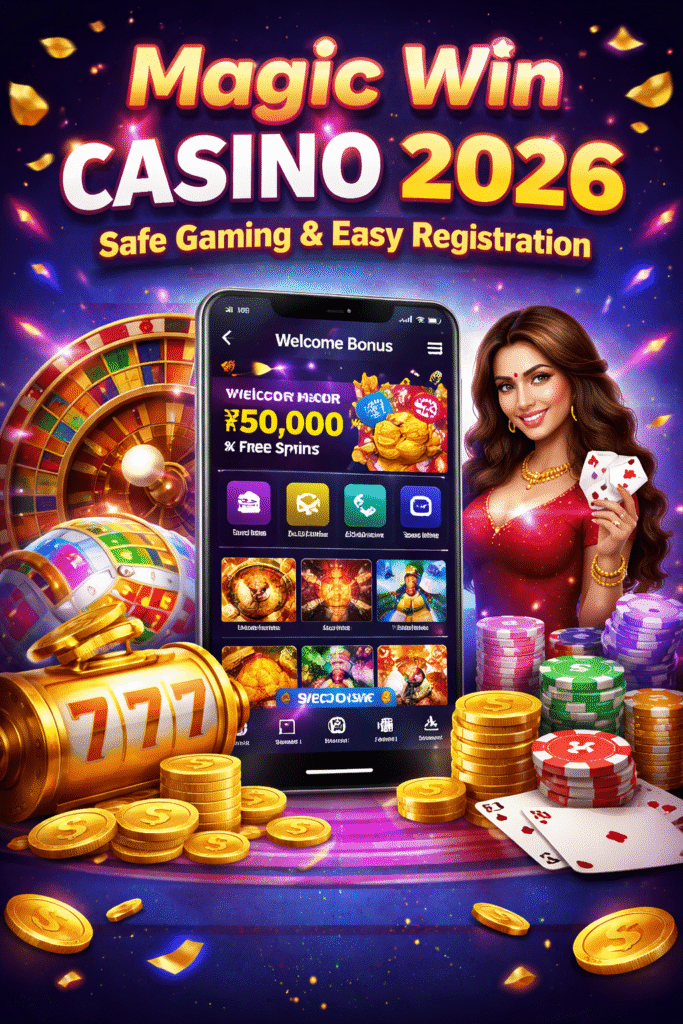 Magic Win Casino rewiew 2026 introduction banner showing safe gaming, bonuses, and easy registration with a mobile app and casino elements.
