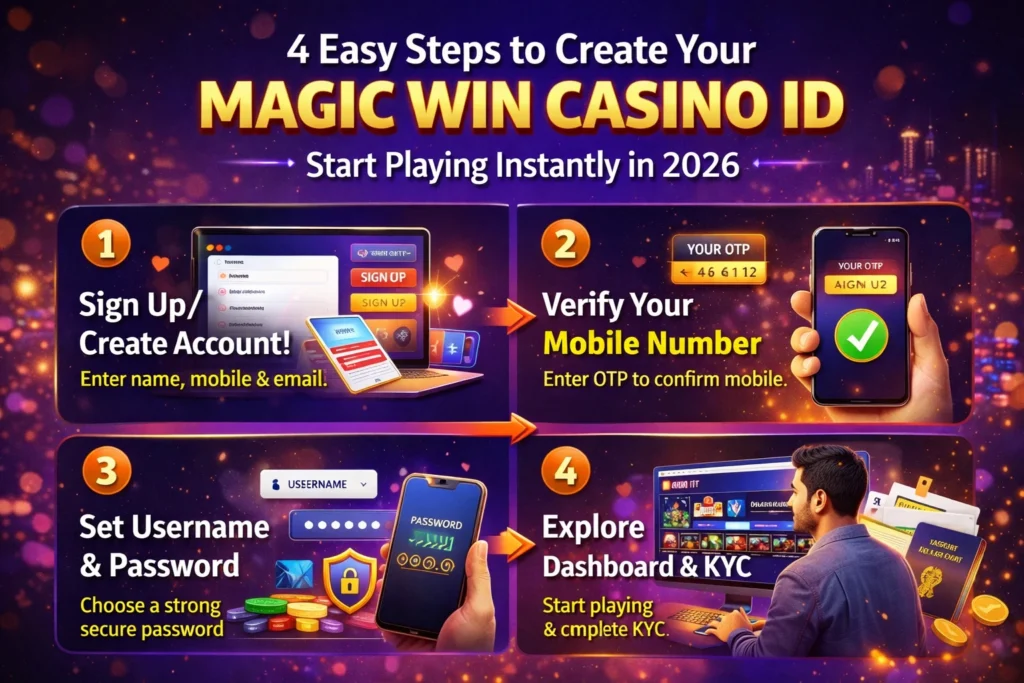 Step-by-step process to create Magic Win Casino ID in 2026 – sign up, verify mobile number, set password, and complete KYC.