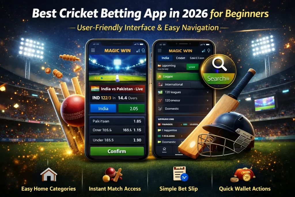 Magic Win cricket betting app showing easy navigation, simple bet slip, live match access, and beginner-friendly interface.