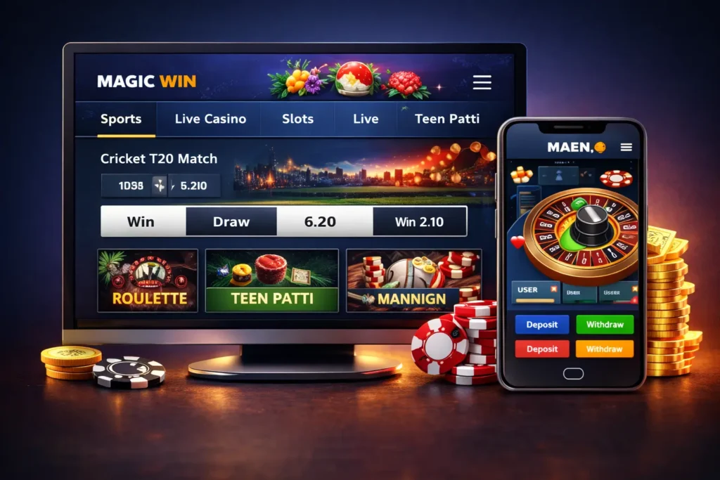 Magic Win betting dashboard showing sports and casino games on mobile and desktop.