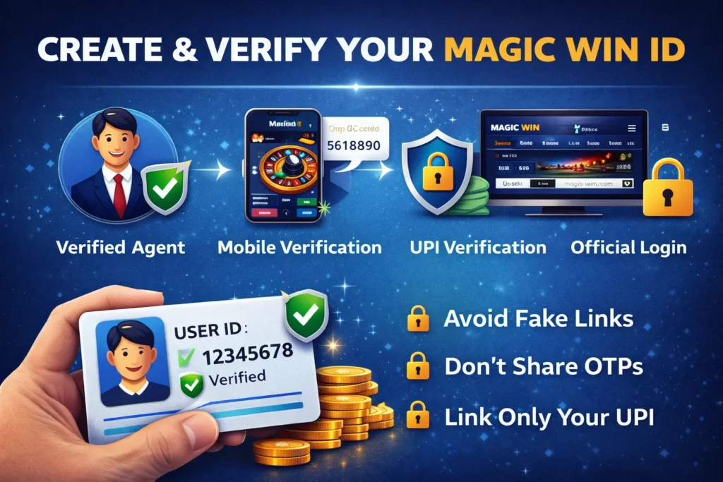 Magic Win ID verification steps including agent, mobile, and UPI verification.