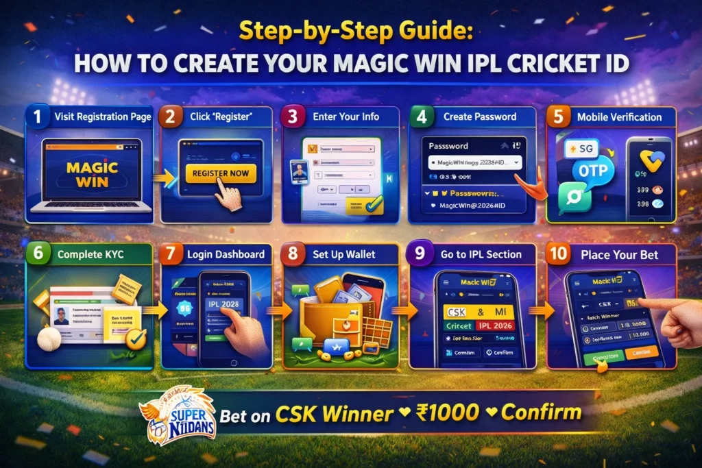 Step-by-step process to create IPL Cricket ID on Magic Win with registration, verification, and login steps
