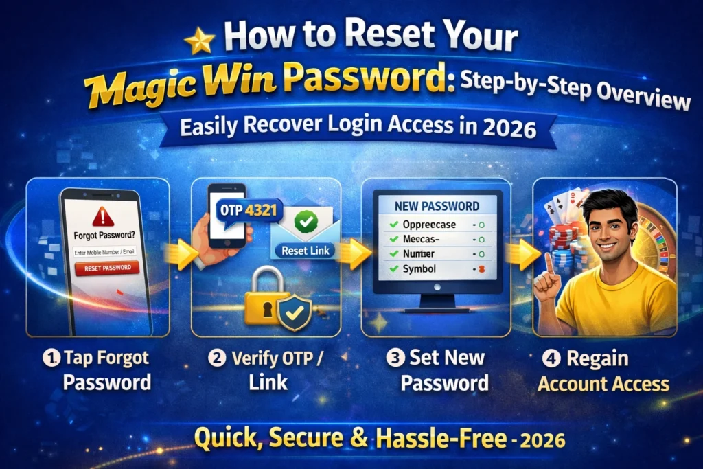 Infographic showing step-by-step process to reset Magic Win password with options like OTP, reset link, new password creation, and account recovery.