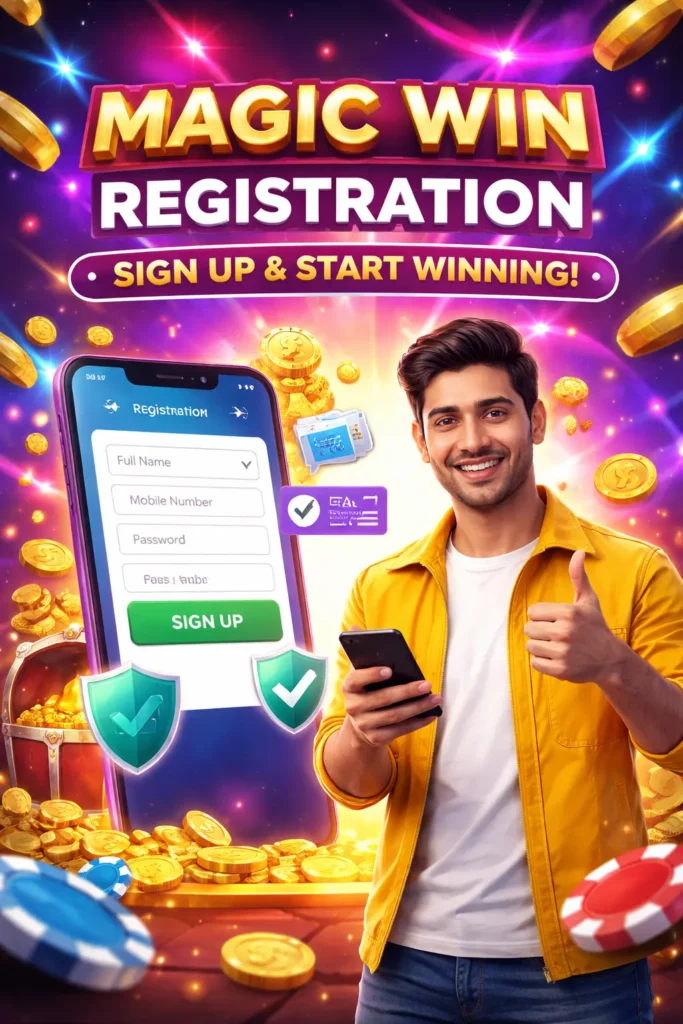 Magic Win registration introduction image showing a user signing up with mobile number and password.