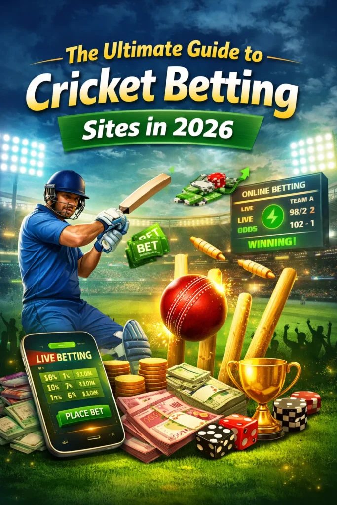 Cricket betting sites 2026 illustration with batsman, live odds, money, and stadium for Magic Win platform.”