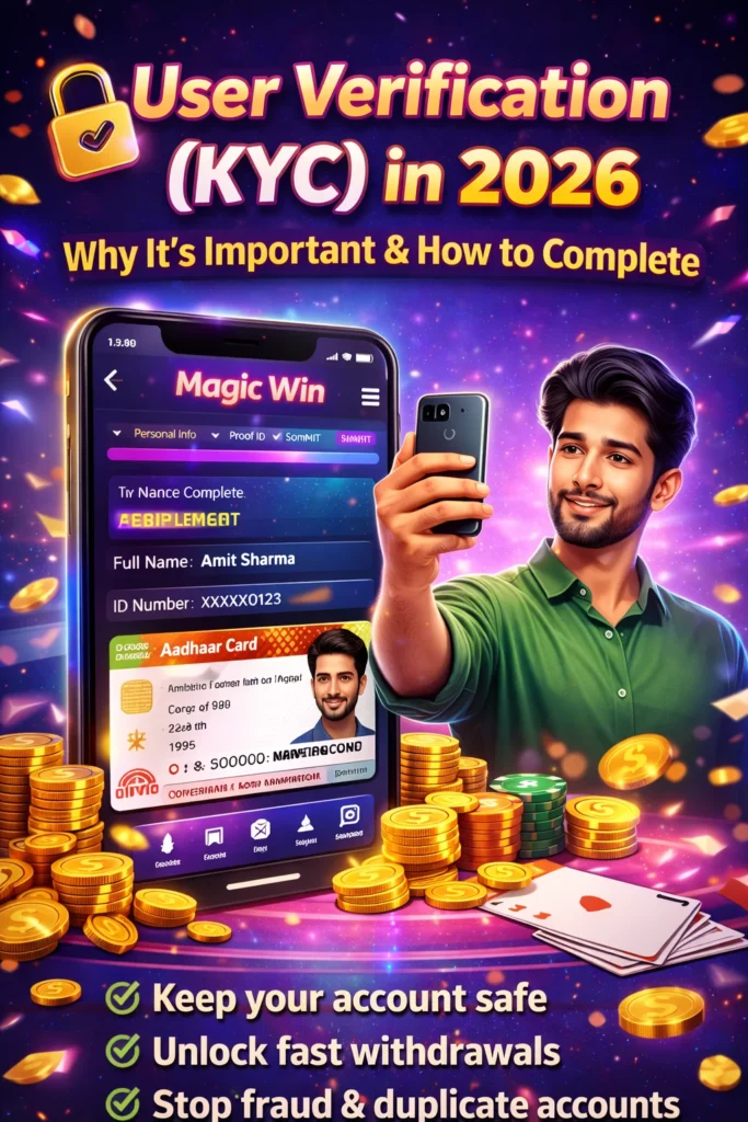 Magic Win User Verification KYC 2026 image showing identity check, Aadhaar verification, and selfie upload for secure gaming.