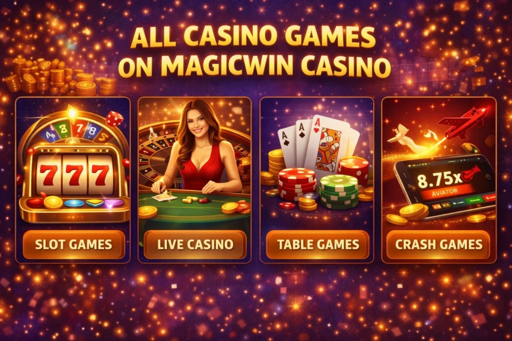 Magicwin Casino game categories including slots, live dealer, table games, and crash games