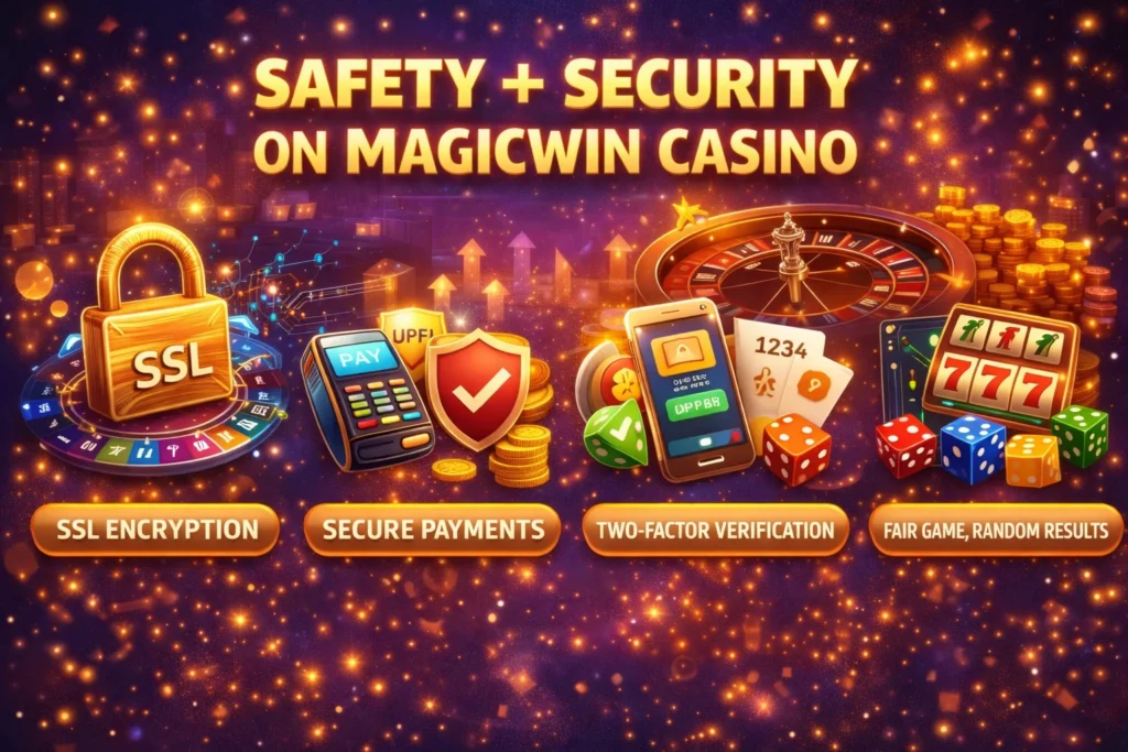 Infographic showing Magicwin Casino security features like SSL encryption and safe payments
