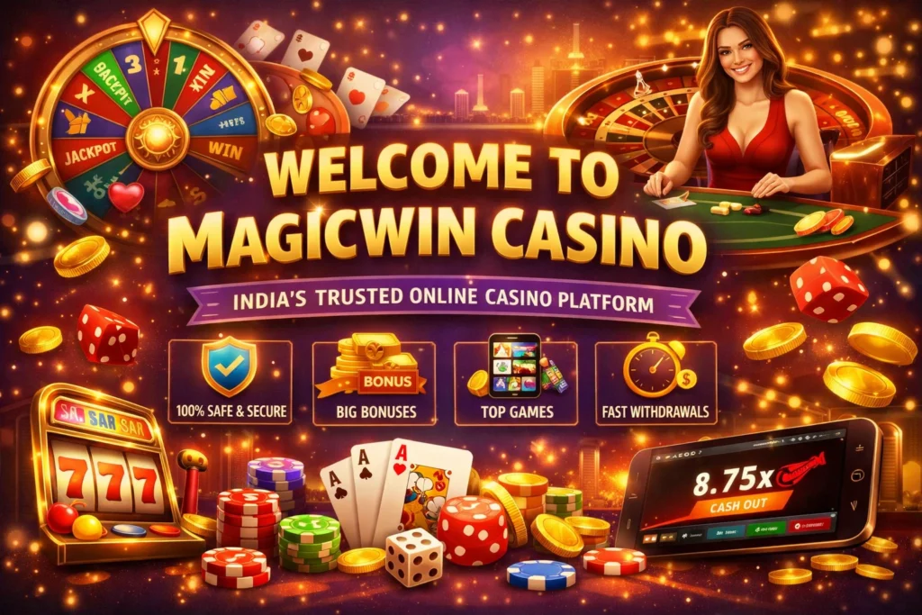 Magicwin Casino welcome banner with slots, live dealer, roulette, coins, and bonus features