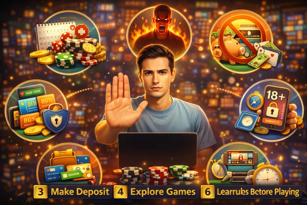 Responsible gaming illustration with a man showing a stop gesture, surrounded by icons representing budgeting, emotional control, security, and safe gambling practices.