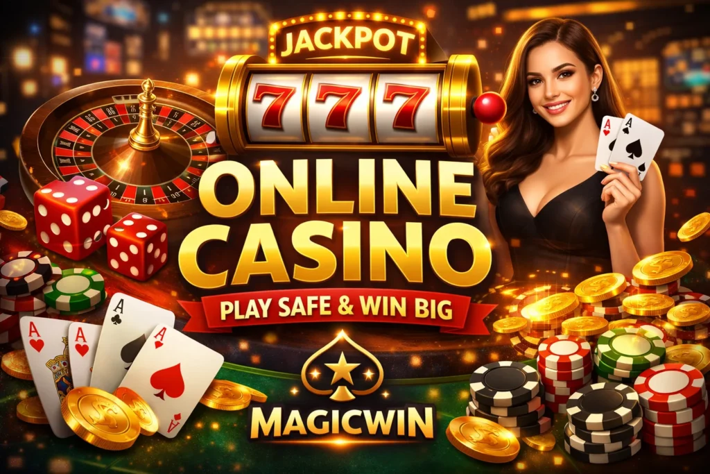Online casino promotional banner displaying Magicwin logo, slot machine 777, roulette wheel, poker cards, chips, and gold coins with the text “Play Safe & Win Big.”