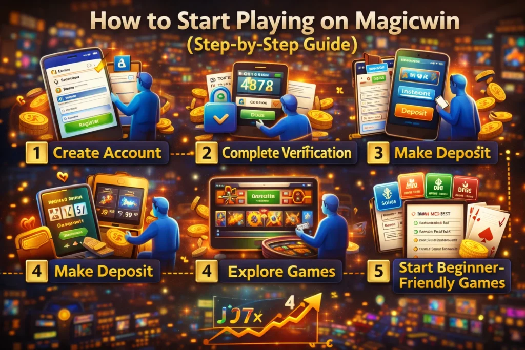 Step-by-step infographic showing how to start playing on Magicwin with illustrations for account creation, verification, deposit, game exploration, and beginner games.