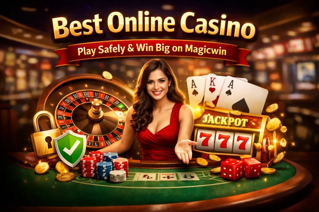 Magicwin best online casino image with roulette, slot machine, female dealer, and jackpot graphics.