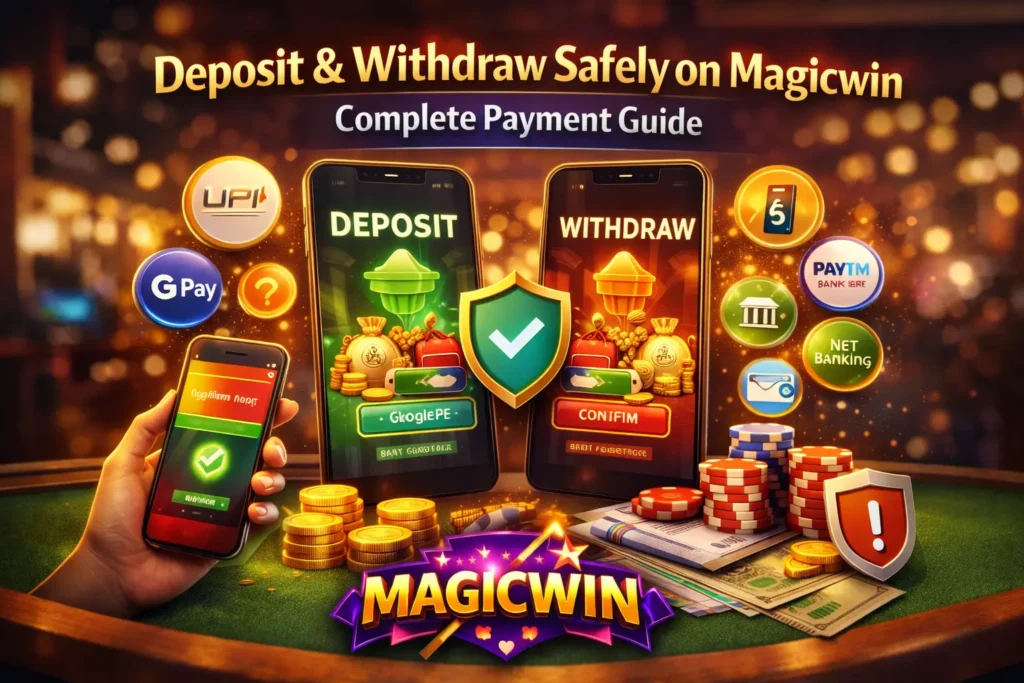 Magicwin deposit and withdraw guide image showing UPI, Google Pay, Paytm, net banking icons, and secure transaction visuals.