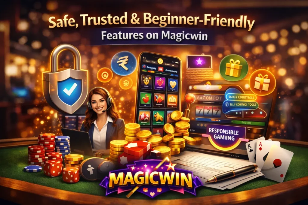 Magicwin secure casino features illustration with support agent, shield lock icon, responsible gaming tools, and mobile dashboard.
