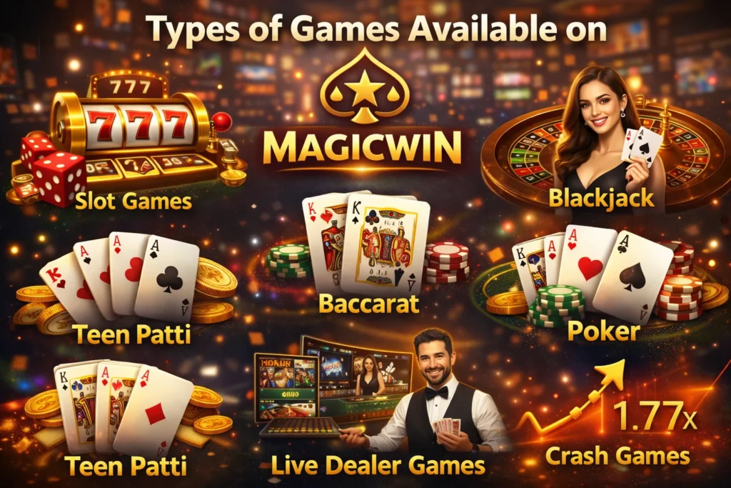 Image displaying different types of Magicwin online casino games such as slot games, blackjack, baccarat, poker, teen patti, live dealer tables, and crash games.