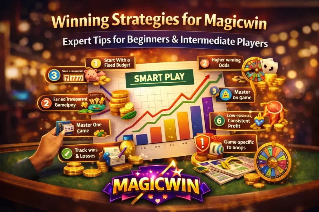 Magicwin winning strategies infographic with smart-play chart, icons for budget, winning odds, tracking wins, and gameplay tips.