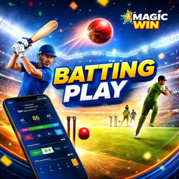 Batting Play live cricket action on Magic Win platform showing real-time batting updates and stadium gameplay visuals