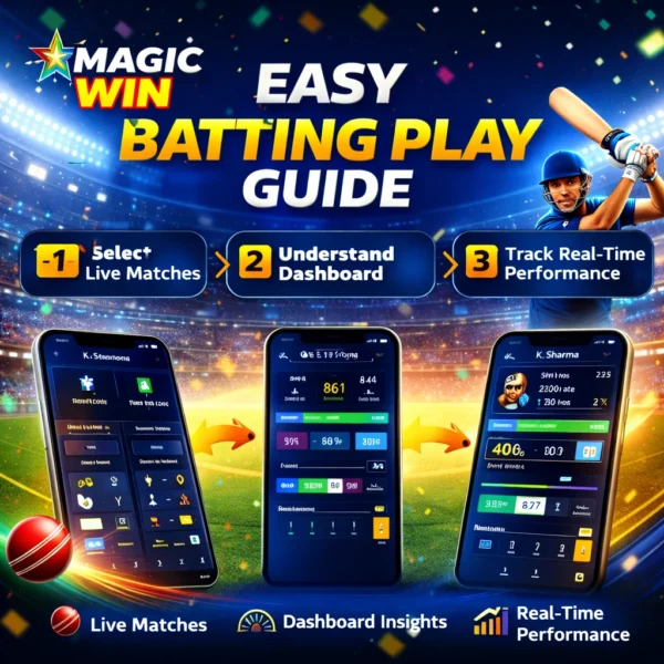 Magic Win Batting Play dashboard showing live match selection, performance tracking, and real-time cricket updates