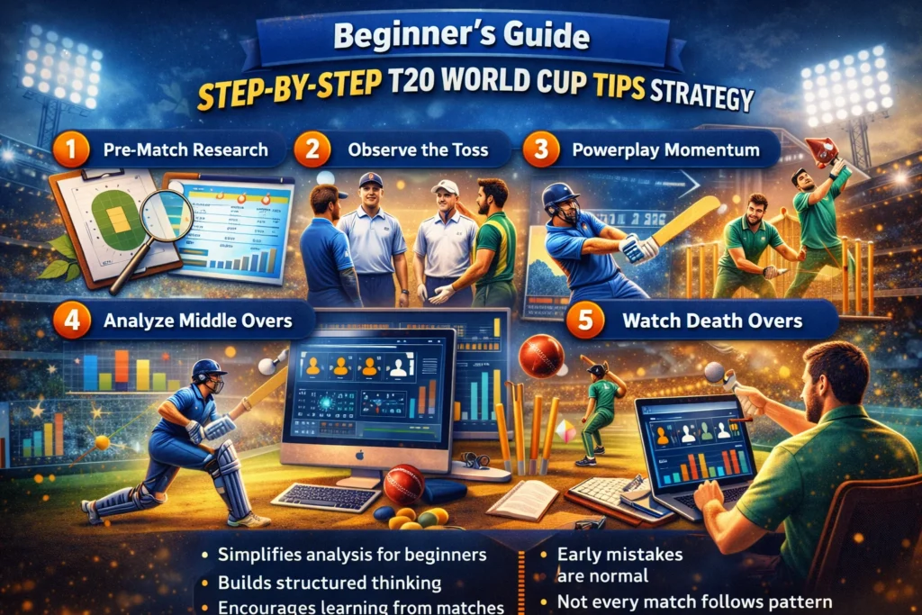 Beginner guide image showing step by step T20 World Cup Tips strategy including powerplay, middle overs and death overs analysis