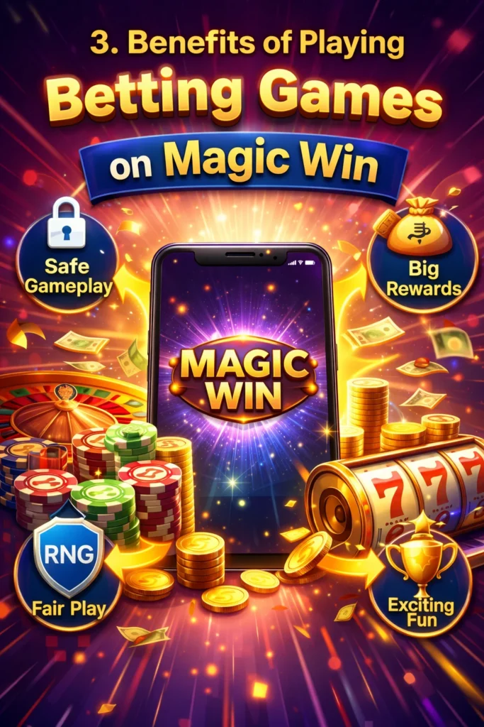 Promotional illustration displaying Magic Win with icons for safe gameplay, big rewards, fair play, and fun, highlighting why Magic Win is a trusted betting platform.