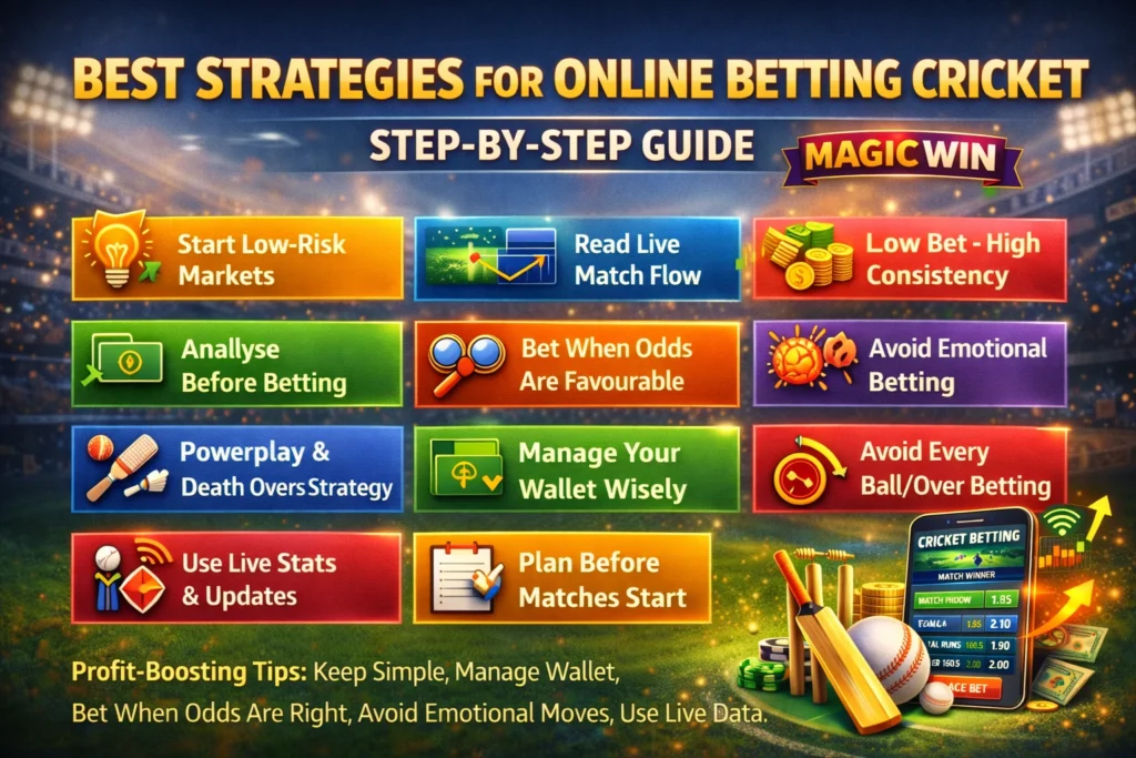 Best strategies for Online Betting Cricket on Magic Win shown in a visual step-by-step infographic.