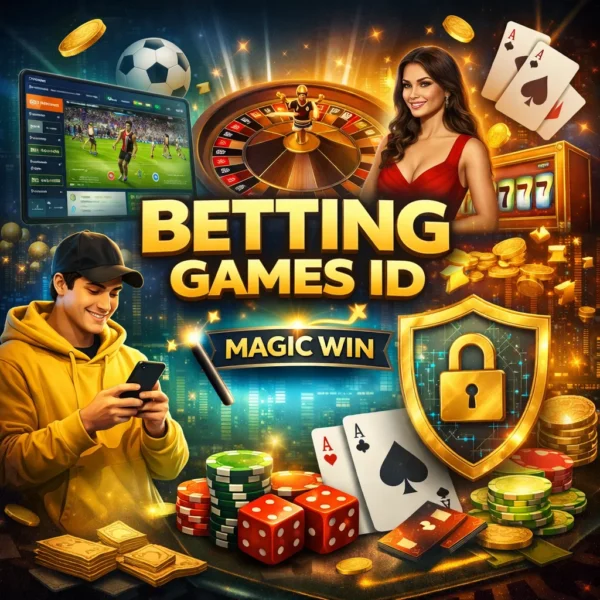 Betting Games ID Magic Win secure gaming platform illustration showing mobile betting, cards, dice and security shield