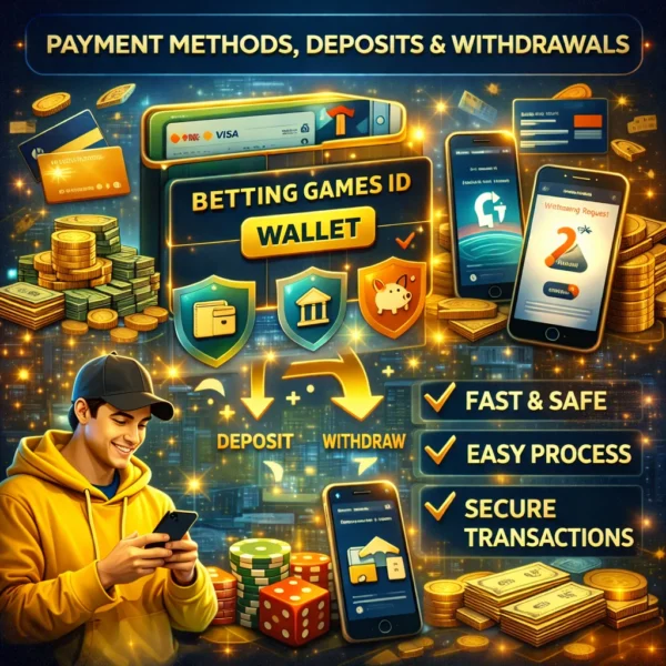 Betting Games ID wallet illustration showing secure deposits withdrawals and digital payment methods on Magic Win