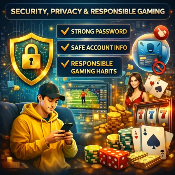 Betting Games ID security illustration showing strong password protection, safe account usage and responsible gaming practices