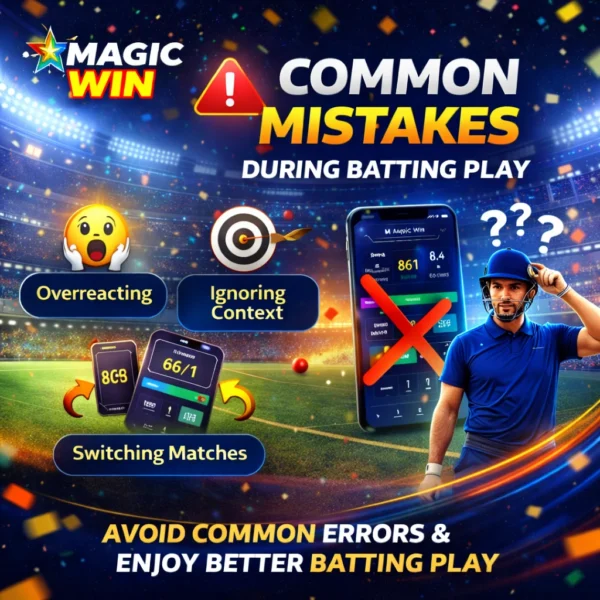 Common mistakes during Batting Play on Magic Win including overreacting, ignoring match context, and switching live matches