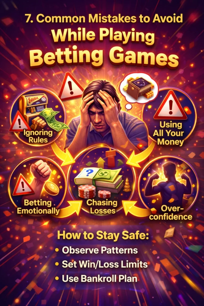 Graphic showing warning icons, chips, coins, and Magic Win highlighting common mistakes players should avoid while playing betting games.