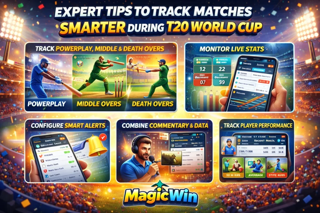 Expert tips infographic for tracking T20 World Cup Live matches smarter on Magic Win platform