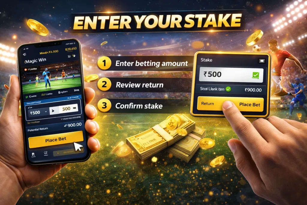 Step by step process of placing Online Match Betting on Magic Win including entering stake and confirming bet