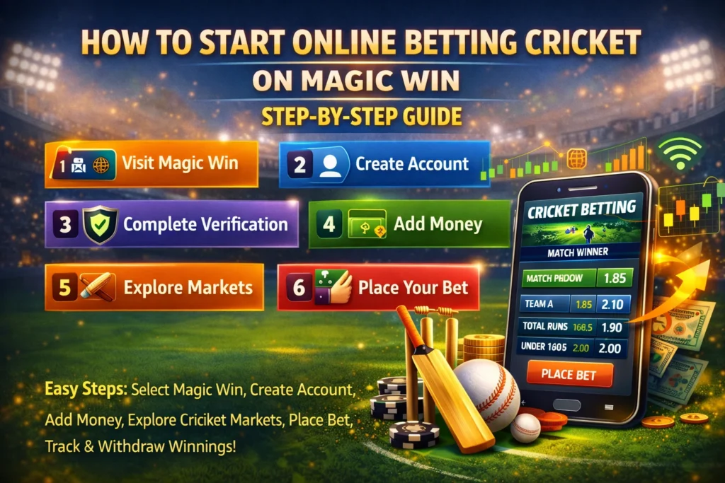 Step-by-step guide showing how to start Online Betting Cricket on Magic Win with simple illustrated steps.