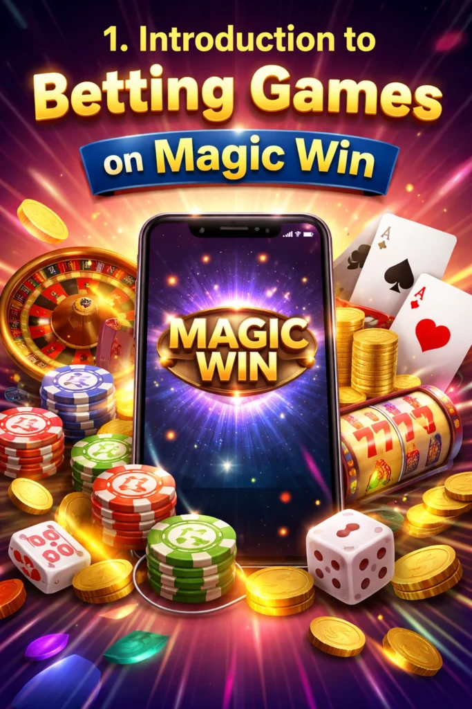 Digital illustration showing Magic Win mobile app with casino elements like cards, chips, roulette, and coins, representing the introduction to betting games.