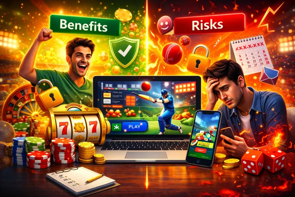 Split screen showing benefits and risks of games and gambling on Magic Win platform with cricket entertainment visuals