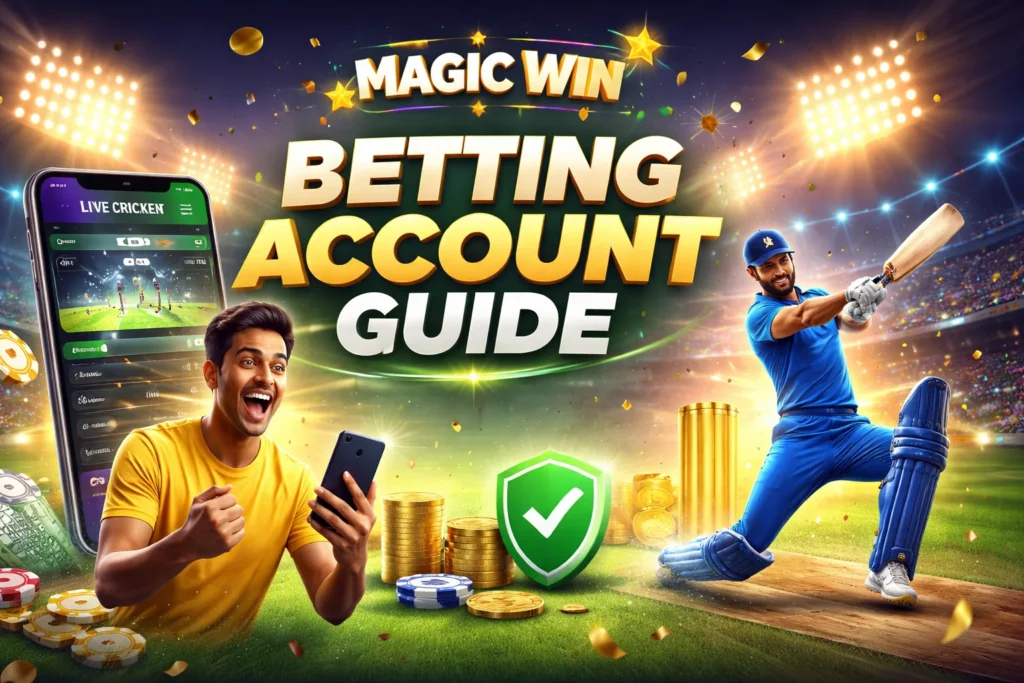 Magic Win betting account guide illustration showing live cricket entertainment and Sport Betting ID dashboard for beginners.
