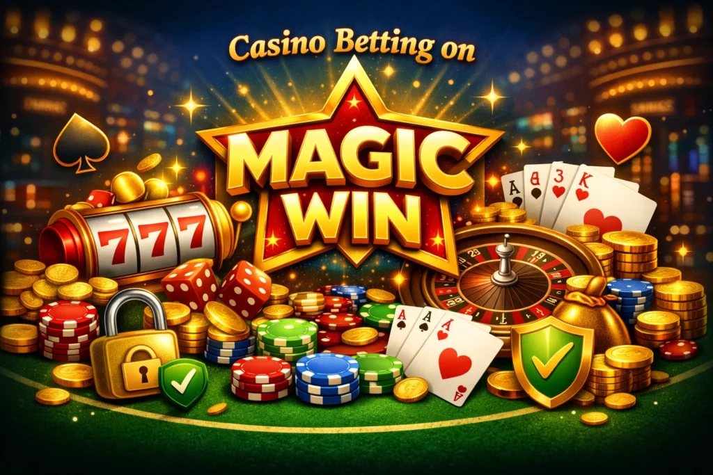 Digital illustration showing Magic Win casino betting with slots, roulette, chips, cards, and secure gaming icons.