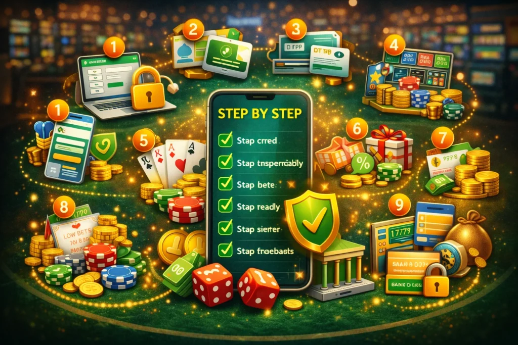 Colorful illustration showing step-by-step casino betting instructions with icons, cards, chips, and secure login elements.