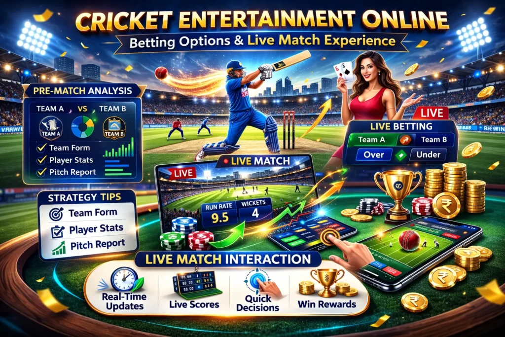 Cricket entertainment online with live match betting options and Online Games Gembling strategy illustration