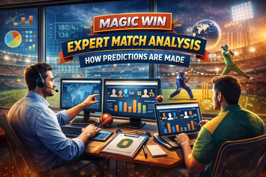 Magic Win expert match analysis showing analysts studying cricket data and making T20 World Cup Tips predictions