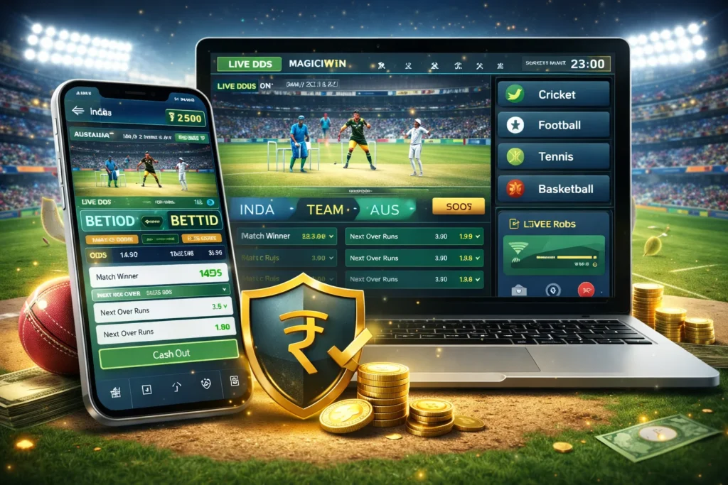 Magic Win platform interface showing live cricket betting, multiple sports options, and secure wallet linked to Sport Betting ID.