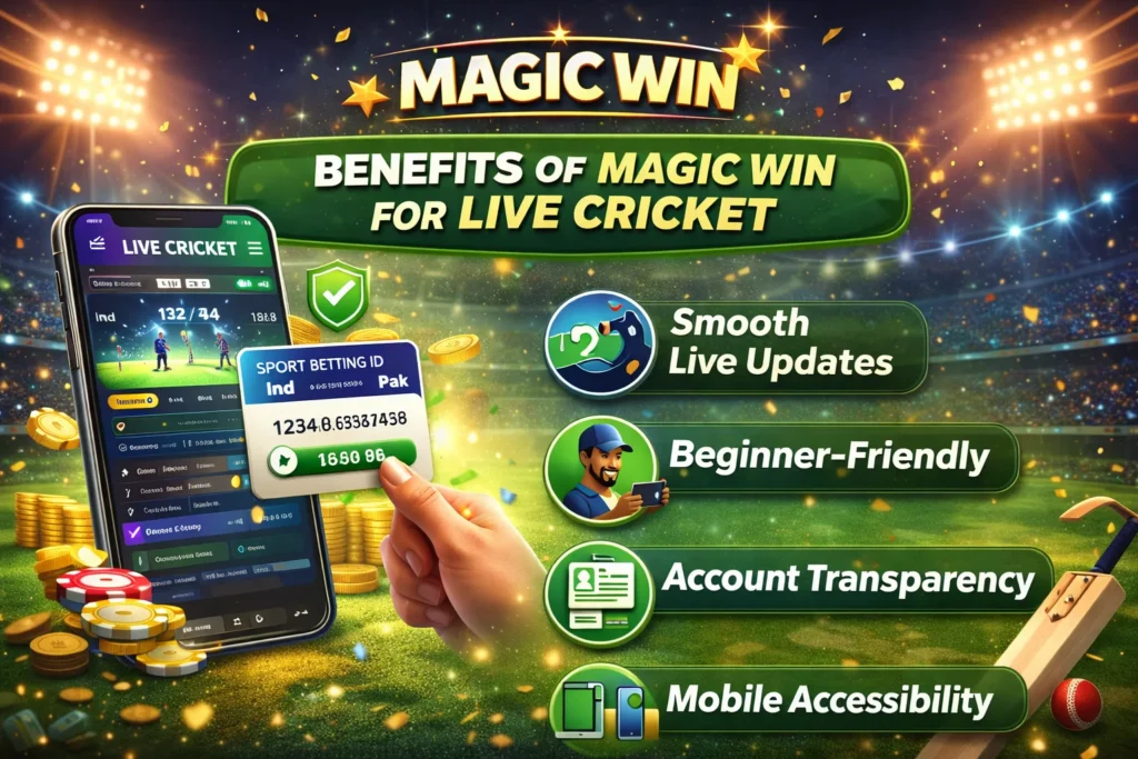 Magic Win betting account benefits including live cricket updates, beginner-friendly interface, and Sport Betting ID accessibility.
