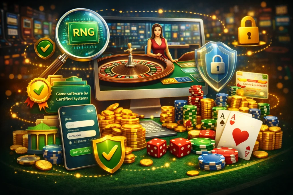 Illustration showing RNG system, live dealer roulette, secure login, chips, coins, and casino security elements.