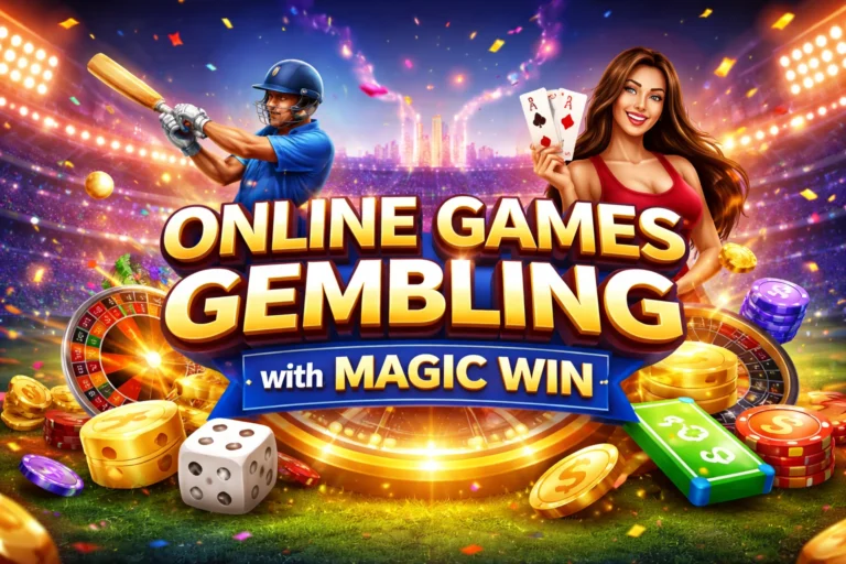 Online Games Gembling banner with cricket player, casino chips and Magic Win gaming platform illustration