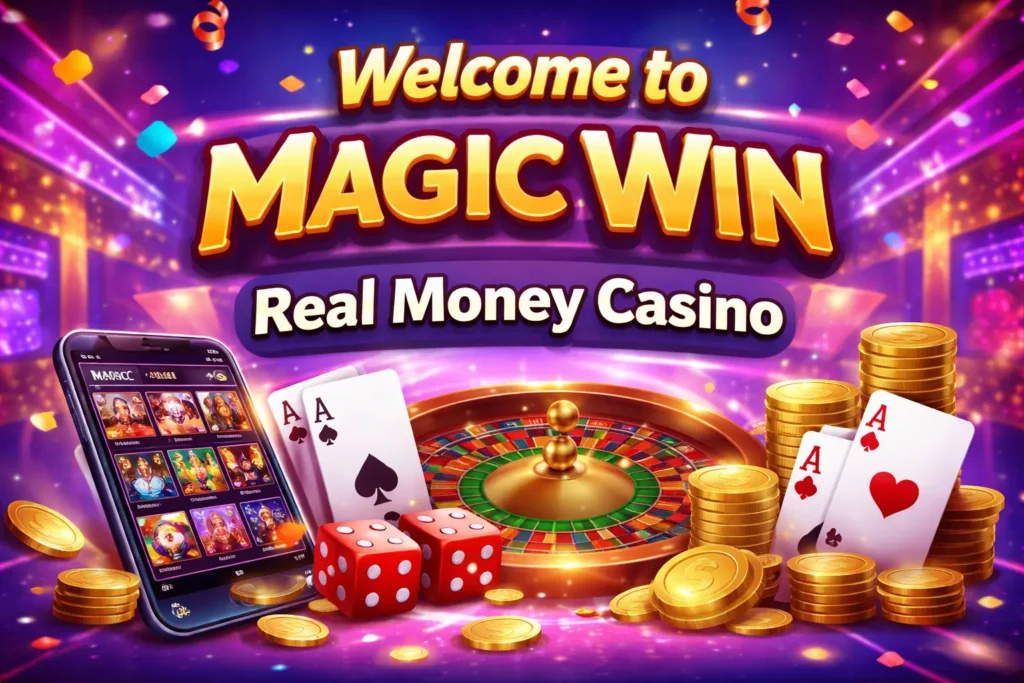 Magic Win real money casino welcome banner with slots, roulette, dice and coins