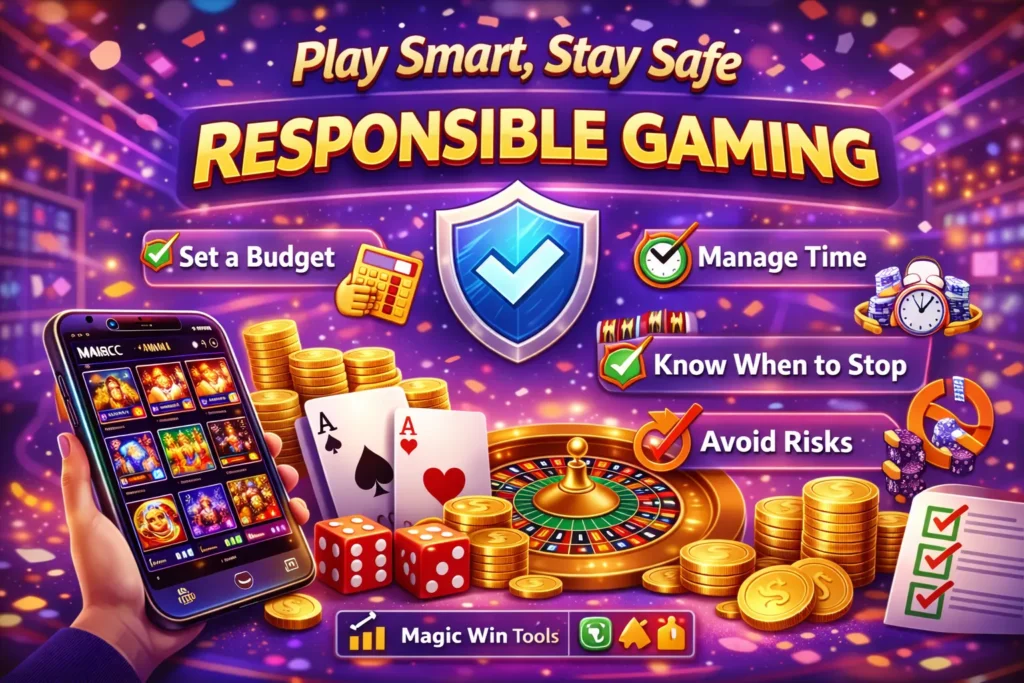 Responsible gaming banner for Magic Win with safety shield, cards, chips and tips