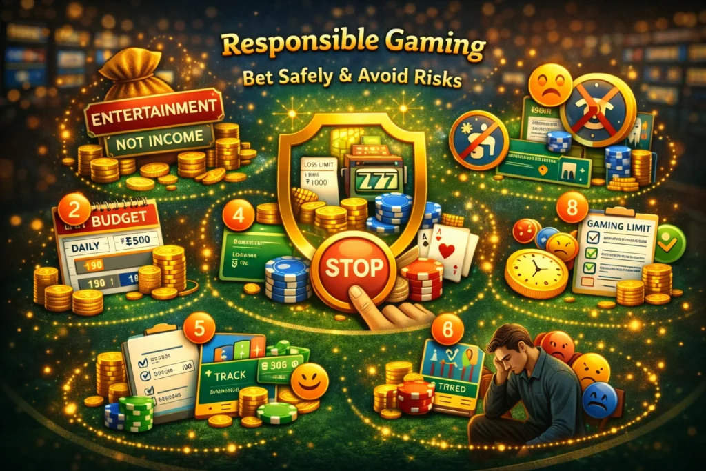 Illustration showing responsible gaming tips like budgeting, limits, tracking, emotional control, and safe play icons.